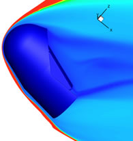 Flow around the transporter during aerocapture. Mach number (from blue-0 to red-29).
