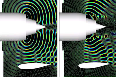 Vue de la propagation acoustique dans le plan médian de la tuyère [condition statique, à gauche ; condition de décollage à droite]