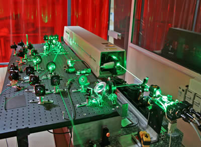 Le système laser pour la DGV en soufflerie : plusieurs faisceaux sont produits, d'une part pour étalonner la courbe de transmission de la cellule à iode, d'autre part pour générer trois plans laser pour une mesure de vitesse à trois composantes 