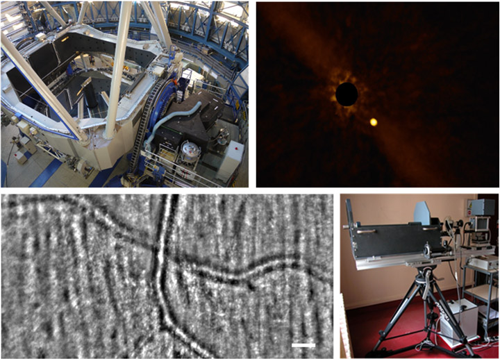 Première ligne : à gauche, l’instrument SPHERE sur la plateforme Nasmyth de l’UT3 du VLT; à droite l’image directe de l’exoplanète Beta-Pic B au foyer de l’instrument. Deuxième ligne : à gauche image de vaisseaux et de fibres nerveuses in vivo par le banc “ ECUROeil” installé au centre d’investigation clinique des XV-XX (barre d’échelle : 50µm); à droite : instrument de caractérisation de profil de turbulence SCINDAR