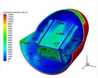 Echauffement convectif (W/m2) à l'arrière du transporteur ouvert avec satellite en soute – Mach 29