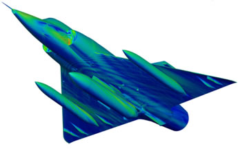 Simulation numérique des courants de surface sur un Mirage III soumis à une onde EM de 4GHz. Calcul sur 5 millions d’antennes en 4h30 sur monoprocesseur Xeon