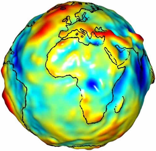 Représentation des valeurs locales de la gravité à la surface du globe à partir des mesures de Grace (image NASA/JPL) 