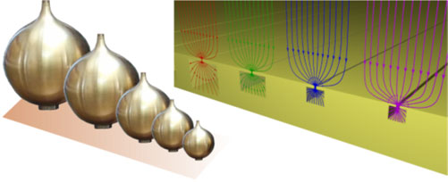 A gauche, résonateurs de Helmholtz acoustiques permettant d’isoler des fréquences acoustiques, et en particulier musicales (Helmholtz, 1885). A droite, résonateurs de Helmholtz optiques capables d'isoler une longueur d'onde unique et de conduire à une concentration record du champ