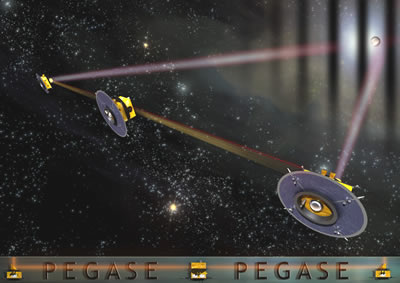 Vue d'artiste de l'interféromètre en frange noire Pégase : la planète sur une frange brillante est isolée de l'étoile voisine masquée par une frange sombre (et dont on perçoit le halo lumineux). Crédit Cnes. 
