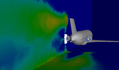 Calcul aérodynamique d'inverseurs de poussée (en blanc à l'arrière du moteur) avec le logiciel Cedre, pour Snecma et Teuchos, par Andheo et Onera.