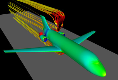 Calcul aérodynamique d'inverseurs de poussée (en rouge à l'arrière du moteur) avec le logiciel Cedre, pour Snecma et Teuchos, par Andheo et Onera.