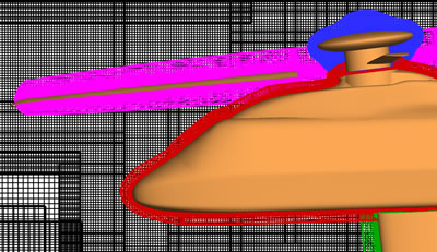 Surface of the helicopter (also called the skin), 3D grids close to the skin (color) and “Cartesian” parallelepiped grids generated automatically