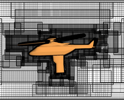 Virtual mock-up of a helicopter in its computational domain. The confusion of the different grids of computation points is a result of the automatic meshing of the space by the CHIMERE method. The corresponding real model is shown at the bottom of the page.