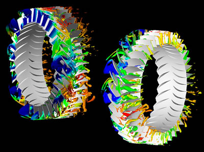 copyright © ONERA 1996-2006 - Tous droits réservés Visualisation des structures 3D, colorées par la pression dans un étage de compresseur axial en régime instable (calcul elsA) DAAP