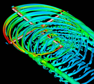 Calculation of the blade-vortex interaction on a rotor Numerical simulation carried out in a grid of 31 million points using the elsA software package. (DAAP: Thomas Renaud)