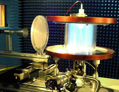 copyright © Onera 2007 - All rights reserved Experimental assembly for the study of the deviation of an electromagnetic wave by a plasma lens. Left part: a funnel antenna and a Fresnel lens for the emission and the focusing of the wave. Right part: the containment chamber of the plasma between the two Helmhotz coils. 
