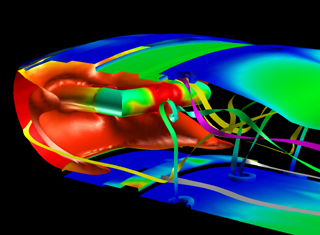 Simulation de la combustion dans un turboréacteur - Trajet des particules dans la chambre de combustion (DSNA :D. Dutoya )