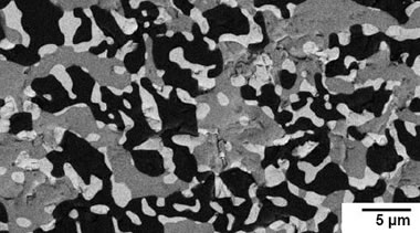 Image au microscope électronique à balayage du composite ternaire Al2O3-YAG-ZrO2 solidifié à 10 mm/h. L'alumine apparait en noir, le YAG en gris et la zircone en blanc.
