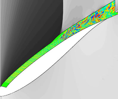 Etude de tremblement sur un profil d'aile [OAt15 Onera]. La zone aval, siège de l'interaction choc / couche limite est simulée par calcul pour plus de précision