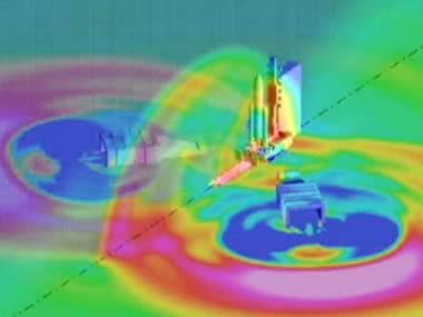 Simulation numérique de l’onde de souffle au décollage pour Ariane 5. Illustration ASTRIUM-ST 