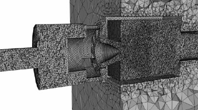 Un maillage de 3 Millions de tétraèdres pour modéliser la chambre PRECCINSTA et sa zone d'écoulement (pour calcul avec le logiciel Cedre) 