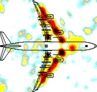 Pour éliminer ou réduire les émissions de bruit d'un avion, il faut d'abord les localiser (ici carte obtenue par antenne acoustique au sol en phase d'approche).