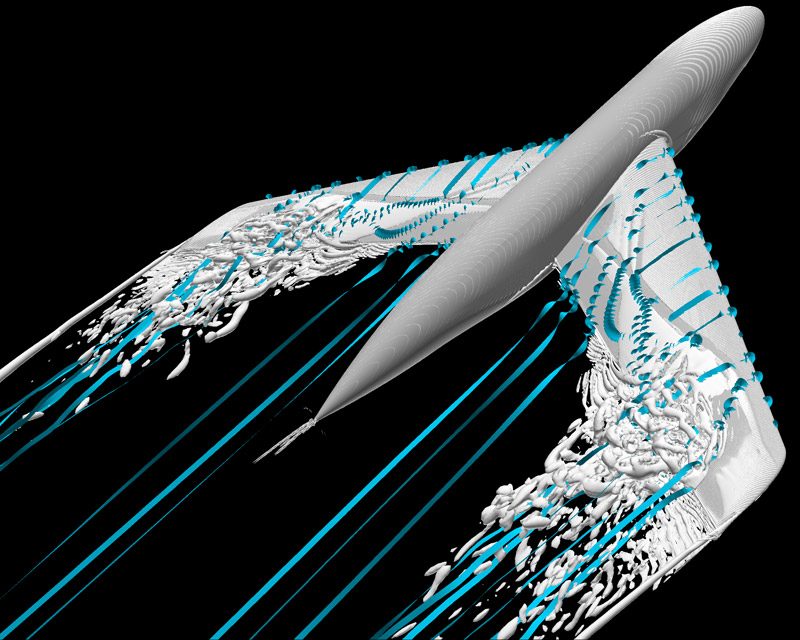 Simulation numérique de l'écoulement autour d'une maquette fuselage- voilure, CAT3D conçue par l'ONERA pour l'étude du contrôle actif des écoulements © ONERA
