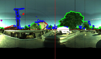Exemple de segmentation sémantique d'image pour différents environnements et différentes conditions d'acquisition. La végétation est indiquée en vert, le bâti en rouge, les ponctuels en bleu et le ciel garde sa radiométrie initiale (reste de l'image). La ligne de visée est indiquée par un disque magenta