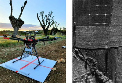 Montage d’un capteur radar bande X sur un drone du commerce (DJI M600,  à gauche) et un exemple d’image radar enregistrée avec ce capteur (à droite)